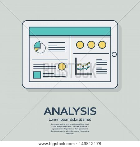 Business analysis background with tablet computer devices and line art icons responsive design. Presentation graphs, charts on screen. Eps10 vector illustration.
