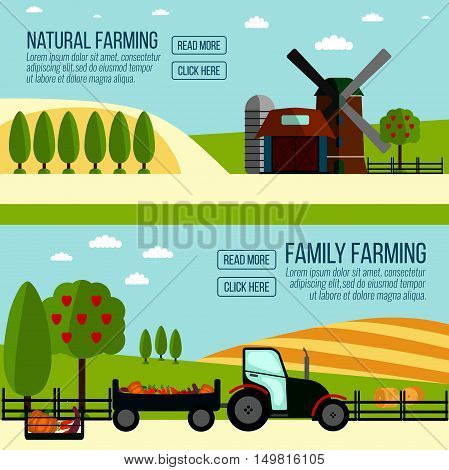 Natural And Famaly Farming Banner. Agriculture Farming And Rural Landscape Background. Elements For