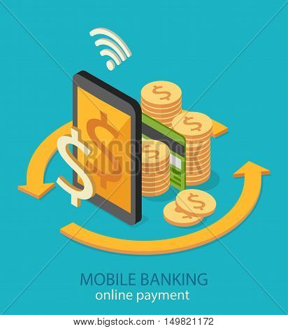 Flat 3d isometric mobile online payment concept web infographics vector illustration.