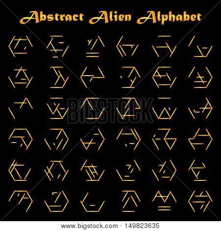 Abstract futuristic alien type in golden colors on black background