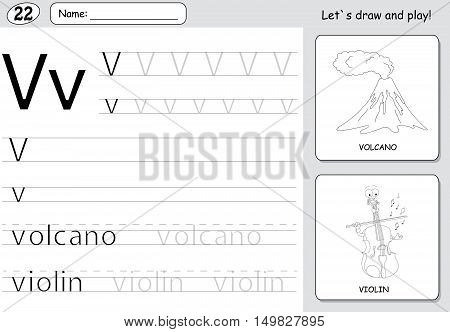 Cartoon Volcano And Violin. Alphabet Tracing Worksheet: Writing A-z And Educational Game For Kids