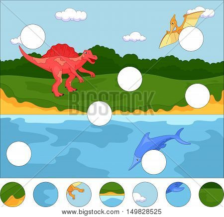 Funny Cute Pterodactyl, Ichthyosaur And Spinosaurus. Complete The Puzzle And Find The Missing Parts