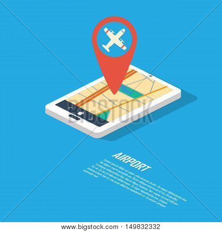 Smartphone navigation in modern flat design with a symbol of airplane. Eps10 vector illustration.