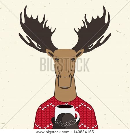 Funny Christmas card moose. Vector illustration Christmas card Deer in knitted sweater with ornament. Christmas elk