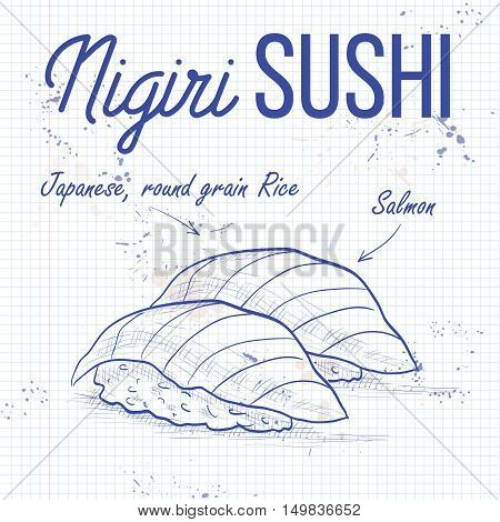 Vector nigiri sushi sketch, Sake sushi on a notebook page