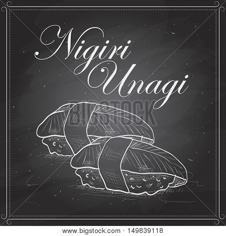 Vector sushi sketch, Nigiri Unagi on a blackboard