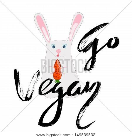 Rabbit with ribbon and carrot. Go vegan lettering. Vector illustration
