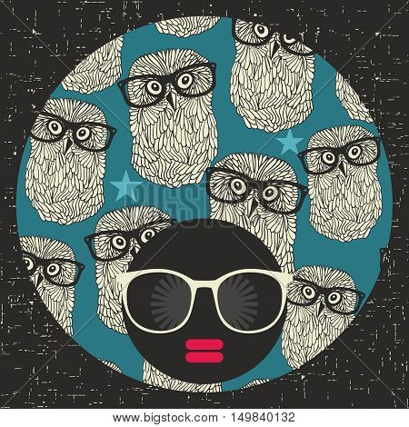 Black head young and pretty girl with creative hair dress. Vector illustration of afro woman. Colorful print. Abstract face