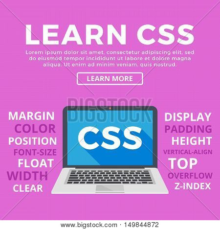 Laptop with CSS word on screen. Learn CSS, programming, web development, coding concepts. Modern graphic for web banners, web sites, printed materials, infographics. Flat design vector illustration