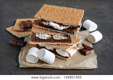 Fresh Homemade Smores With Marshmallows, Chocolate And Graham Crackers