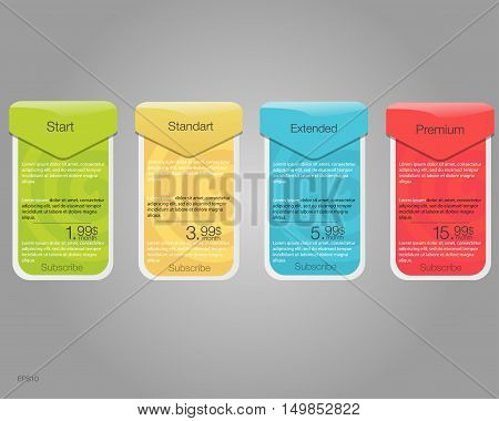 Four banner for the tariffs and price lists. Web elements. Plan hosting. Vector design for web app. Plan for website in flat design.
