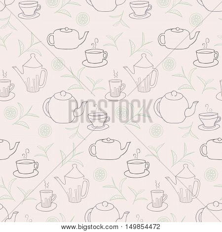 Vector seamless pattern with teapots cups lemon and tea twigs. Seamless contour pattern. Design for textile paper wrapping. Vector illustration.