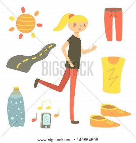 Hand drawn flat style running woman. Sport objects set including shorts t shirt sun road water bottle snickers phone. Sport objects icons
