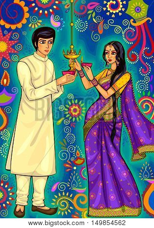 Vector design of Indian couple with diya decoration for Diwali festival celebration in India