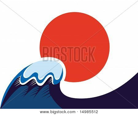 Japan symbool van de zon en Tsunami Wawe geïsoleerd op wit.