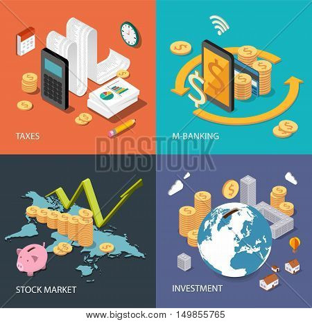 Flat isometric concept for finance stock market consulting investing crowdfunding taxes m-banking bookkeeping. Can be used for infographics, web design, diagram, banners, promotional materials.