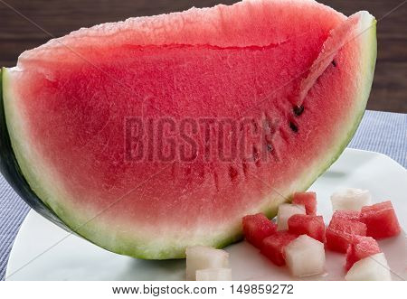 Cut watermelon on a white plate with slices of melon and watermelon