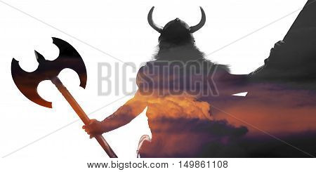 Double exposure portrait of a strong viking on ship with helmet and sword on sunset isolated on white background.