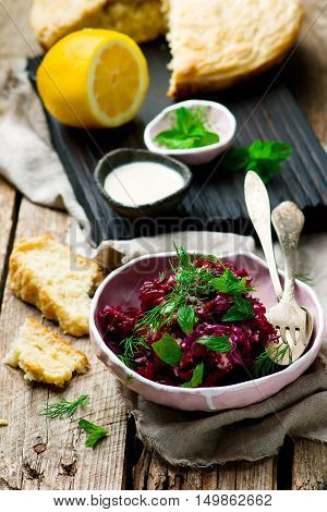 Beet salad with tahina sauce .selective focus