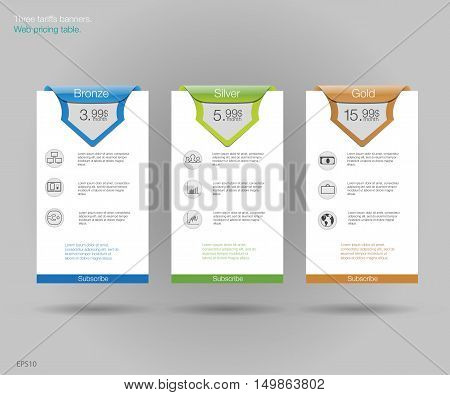 Three tariffs banners. Web pricing table. Vector design for web app. Set offer tariffs. Price list.
