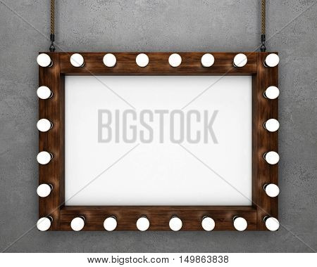 Wooden frame on concrete background illuminated by light bulbs. 3D rendering