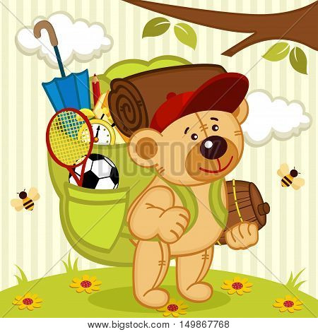 teddy bear goes hiking - vector illustration, eps