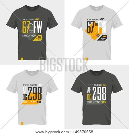 Modern American air force tee print vector design set. Premium quality superior number logo concept badge. T-shirt United States aircraft emblem.