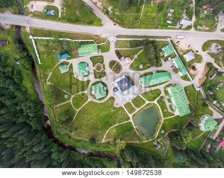 Aerial view Spaso-elizarovskiy traditional monastery in Pskov Russia