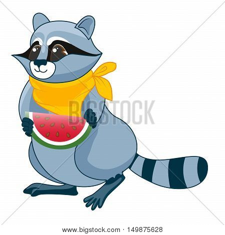Raccoon in a yellow kerchief with a slice of watermelon