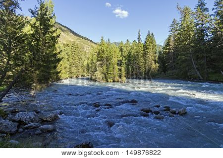 Early evening on a mountain river. The Kucherla river Altai Mountains Russia.