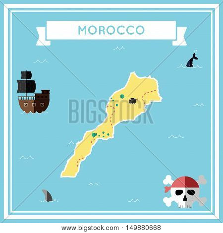 Flat Treasure Map Of Morocco. Colorful Cartoon With Icons Of Ship, Jolly Roger, Treasure Chest And B