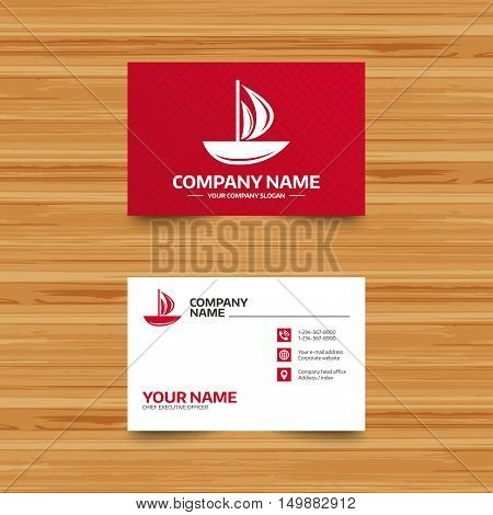 Business card template. Sail boat icon. Ship sign. Shipment delivery symbol. Phone, globe and pointer icons. Visiting card design. Vector