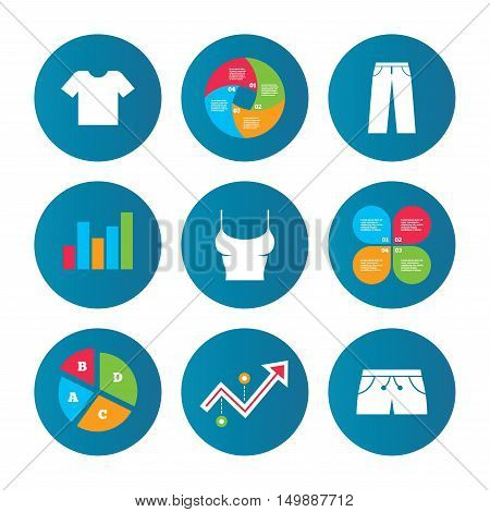 Business pie chart. Growth curve. Presentation buttons. Clothes icons. T-shirt and pants with shorts signs. Swimming trunks symbol. Data analysis. Vector