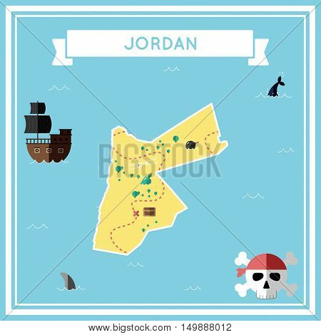 Flat Treasure Map Of Jordan. Colorful Cartoon With Icons Of Ship, Jolly Roger, Treasure Chest And Ba