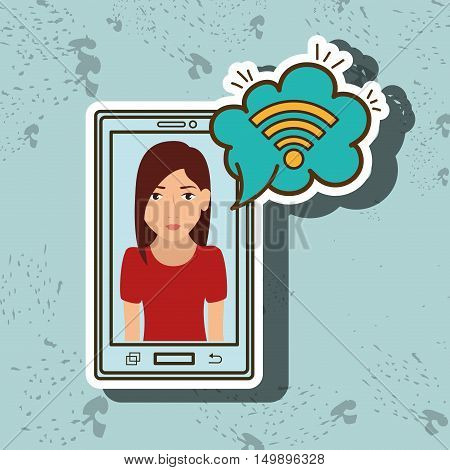 cartoon woman smartphone blue wifi cloud blue vector illustration