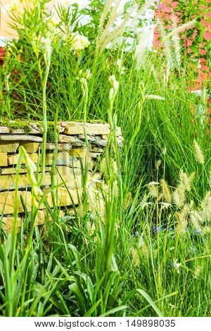 Antique artesian well in cozy garden.Artesian well in cozy garden.