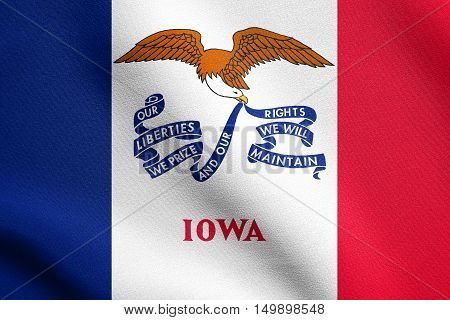 Iowan official flag symbol. American patriotic element. USA banner. United States of America background. Flag of the US state of Iowa waving in the wind with detailed fabric texture, illustration