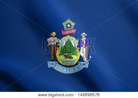 Mainer official flag symbol. American patriotic element. USA banner. United States of America background. Flag of the US state of Maine waving in the wind with detailed fabric texture, illustration