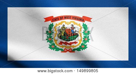 West Virginian official flag symbol. American patriotic element. USA banner. United States of America background. Flag of the US state of West Virginia waving in the wind with detailed fabric texture, illustration