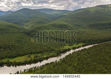 River Zhupanova. Kronotsky Nature Reserve on Kamchatka Peninsula. View from helicopter.