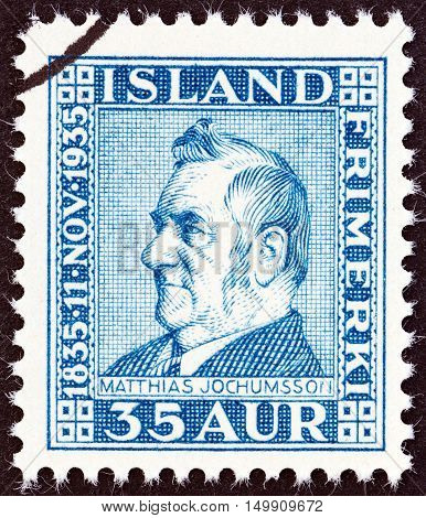 ICELAND - CIRCA 1935: A stamp printed in Iceland issued for the 100th anniversary of the birth of Matthias Jochumsson shows poet Matthias Jochumsson, circa 1935.