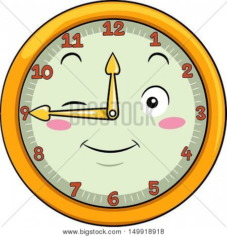 Mascot Illustration of a Smiling Clock with its Hands Pointing to the Numbers Twelve and Nine