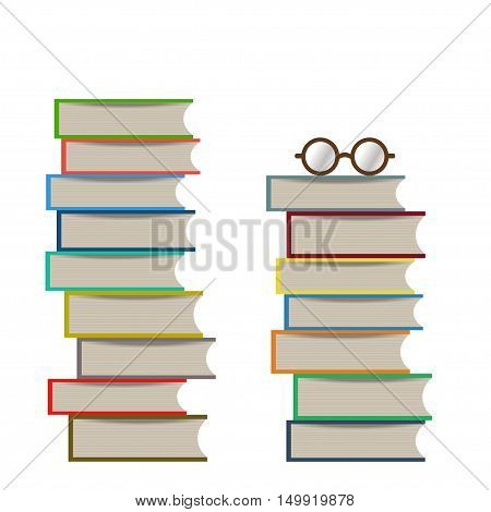 Stacks of books of different colors, sizes and shapes. Flat design style. Vector