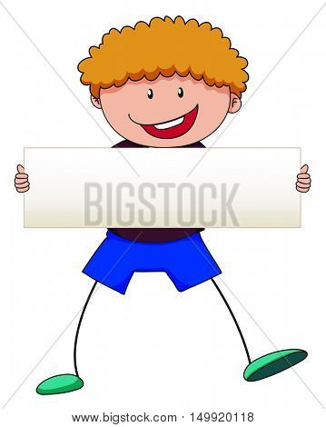 Boy with curly hair holding white sign illustration