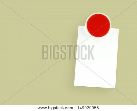 circle red plastic fridge magnet with blank white note paper on yellow metal refrigerator door background, notepaper for writing messages to communicate and reminder, close-up with copy space for text