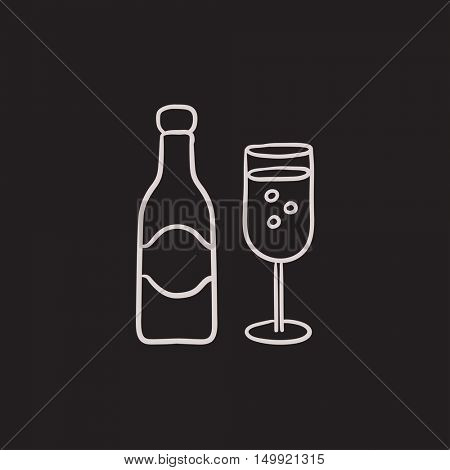 Champagne bottle and two glasses vector sketch icon isolated on background. Hand drawn Champagne bottle and two glasses icon. Champagne bottle and glasses sketch icon for infographic, website or app.
