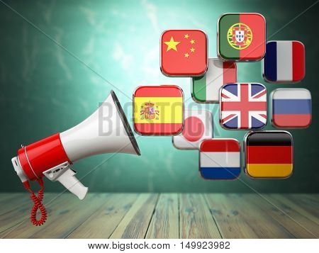E-learning or online translator concept. Learning languages online. Megaphone and flags. 3d illustration