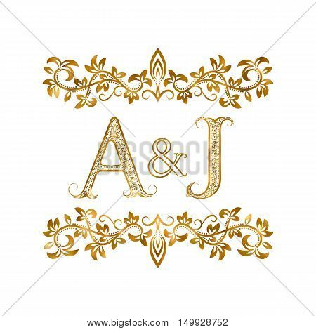 A&J vintage initials logo symbol. Letters A J ampersand surrounded floral ornament. Wedding or business partners initials monogram in royal style.
