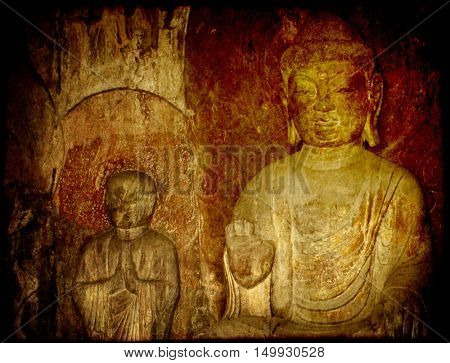 Grunge background with old paper texture and Buddha's statue, Longmen Grottoes, Luoyang, China