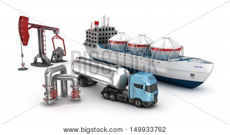 Concept of oil extraction and refining isolated on white